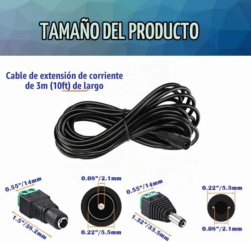 Vista 2 de 2 cables de extensión de alimentación CC de 10 pies (9.8 ft) de 12 V con conectores adaptadores de conector de alimentación (2 x macho + 2 hembra)
