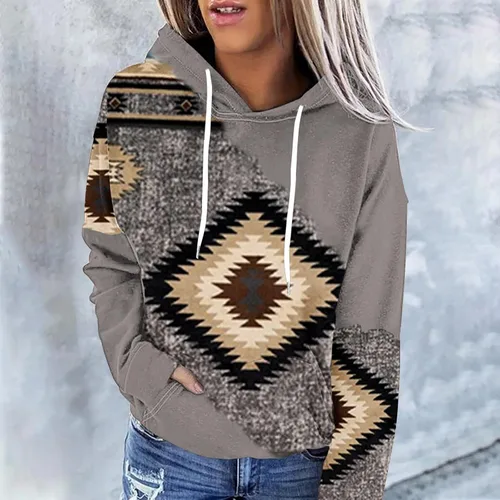 Vista 2 de DOLKFU Sudadera con capucha geométrica azteca occidental para mujer, suéter de manga larga, estilo vintage, casual