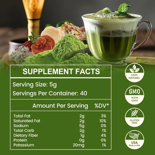 Vista 2 de Matcha de hongos de 7.05 oz, mezcla súper premium, polvo de hongos matcha con MCT, Reishi y melena de león para fortalecer el sistema inmunológico
