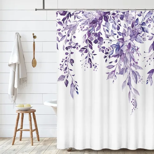 Vista 31 de Tititex - Juego de cortinas de ducha de eucalipto negro, hojas de acuarela gris en la parte superior, con decoración floral de baño, 60 x 72