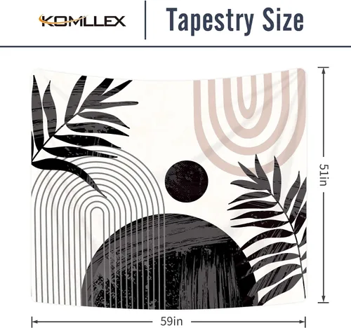 Vista 5 de KOMLLEX Tapiz abstracto negro bohemio de mediados de siglo, moderno, estético, minimalista, para colgar en la pared, hojas de sol, arco rosa