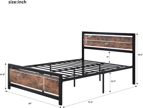 Vista 2 de Majnesvon Base de cama resistente de tamaño matrimonial con cabecera de madera moderna, plataforma de metal con marco de hierro esmerilado