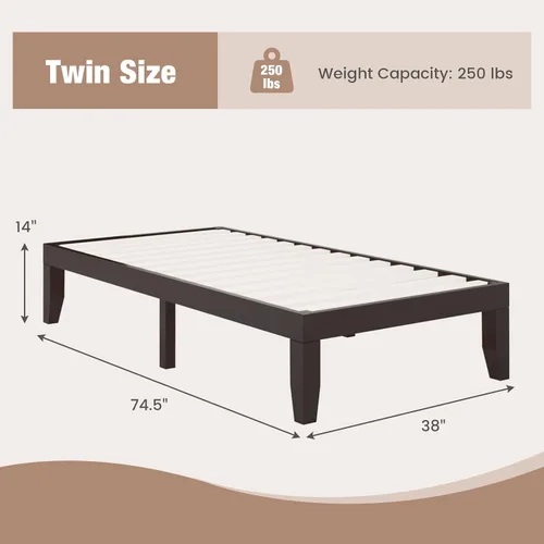 Vista 2 de Giantex Marco de Cama de Plataforma de Madera Individual de 14 Pulgadas, Base de Colchón Minimalista con Madera de Caucho Sólida, Soporte