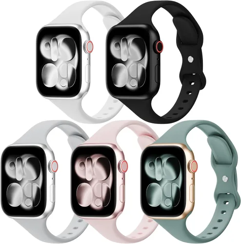 Vista 9 de Paquete de 5 bandas de silicona delgadas compatibles con Apple Watch de 38mm 42mm 40mm 44mm 41mm 45mm 46mm 49mm, correa deportiva estrecha y delgada