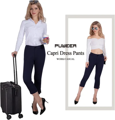 Vista 5 de PUWEER Pantalones capri para mujer, elegantes, casuales, elásticos, rectos con bolsillos