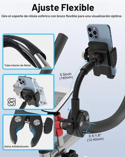 Vista 4 de Soporte de teléfono giratorio de cuello de cisne, soporte para teléfono celular, abrazadera de manillar de bicicleta estática para bicicleta