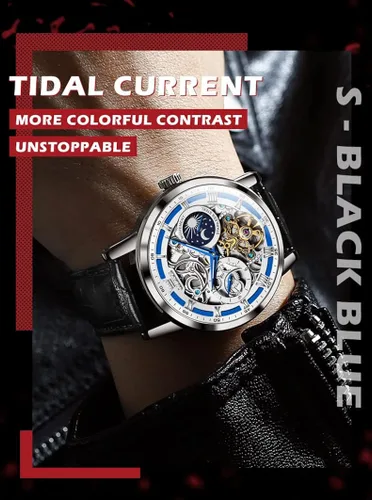 Vista 3 de OLEVS Relojes automáticos para hombre, esqueleto Tourbillon, cuerda automática, mecánica, correa de cuero auténtico, reloj de pulsera de lujo, sol