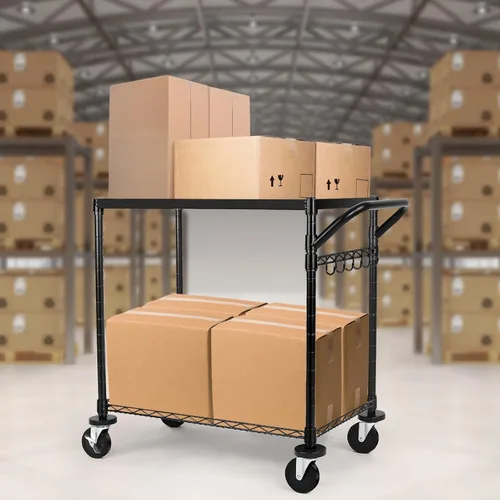 Vista 8 de WDT - Carrito utilitario rodante de gran capacidad de 680 libras, carritos rodantes de 2 niveles con ruedas, carrito de metal de grado comercial