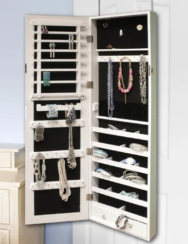 Vista 3 de BTEXPERT Premium joyería Armoire gabinete de madera gancho de pared sobre puerta colgadero organizador almacenamiento espejo almacenar anillos