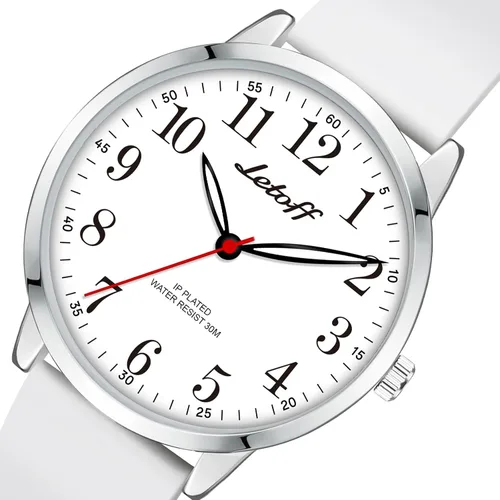 Vista 2 de Letoff Reloj analógico clásico, esfera blanca con números arábigos, banda de silicona, resistente al agua 30M