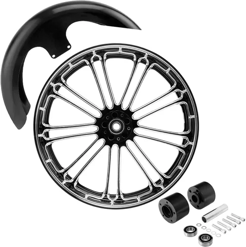 Vista 77 de TCMT Llanta de rueda delantera de 21", buje de rueda de brida de doble disco con guardabarros delantero negro sin pintar, compatible con modelos
