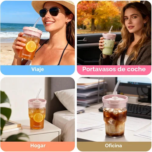 Vista 7 de Vasos de café helado con tapas y popotes, aptos para portavasos de automóvil, vasos portátiles a prueba de fugas para cerveza fría, jugo y batido