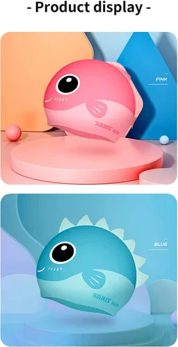 Vista 3 de Gorro de natación para niños, cabeza de animal, de silicona, divertido diseño de tiburón, azul y rosa, para cabello largo y corto, para niños y niñas