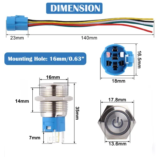 Vista 4 de 5 piezas de interruptor de botón de presión de cierre de metal de 16 mm impermeable, carcasa plateada, 12V-24V, 1NO 1NC, encendido/apagado