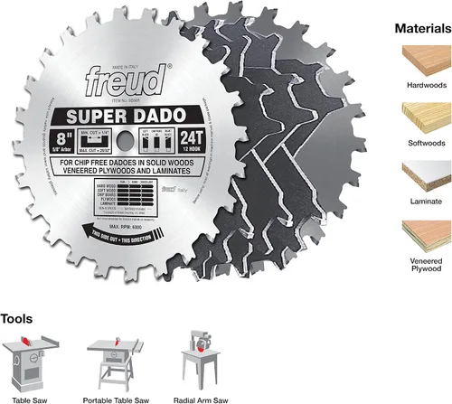 Vista 3 de Freud Juegos Super Dado de 8" x 24T (SD508) y Bosch TS1007 Dado Insert