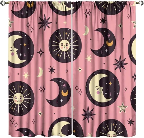 Vista 41 de Cortinas opacas con diseño de sol y luna, cuerpos celestes bohemios, con diseño de sol, luna y estrellas, para sala de estar, dormitorio, 42 x 45
