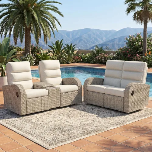 Vista 25 de LayinSun Sillón reclinable giratorio de mimbre de gran tamaño con respaldo ajustable y reposapiés, sillón reclinable para patio Gris