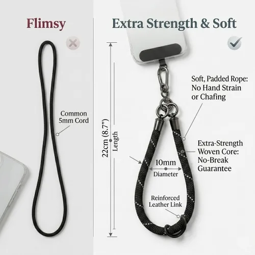 Vista 4 de Correa de muñeca para teléfono celular, correa de muñeca para teléfono celular alrededor de la mano con parche de cordón (negro reflectante)