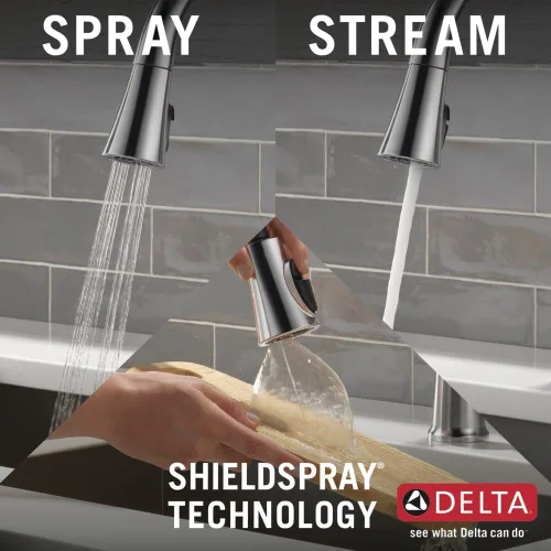 Vista 8 de Grifo de cocina Delta Faucet Emmeline de níquel cepillado, grifos de cocina con rociador desplegable, grifo de fregadero de cocina, cabezal