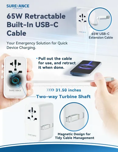 Vista 5 de Adaptador de viaje universal de 70 W, adaptador de enchufe con un cable USB C de carga rápida de 65 W, 1 USB-C PD y 2 USB-A QC, el mejor regalo