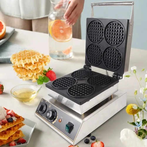 Vista 2 de Máquina de hacer gofres comercial de acero inoxidable de 1750 W, máquina de panadería redonda de 110 V, máquina eléctrica para hacer gofres de acero