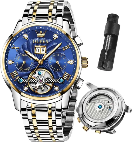 Vista 14 de OLEVS Relojes automáticos para hombre, reloj mecánico de lujo con cuerda automática, Tourbillon, reloj de esqueleto, reloj de negocios con diamantes