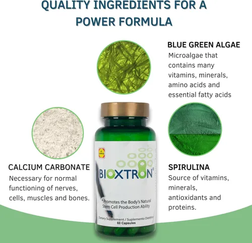 Vista 4 de Bioxtron Suplemento Natural de Células Madre en Cápsulas - Algas Azules y Verdes, Espirulina, Apoyo Energético - 60 Cápsulas