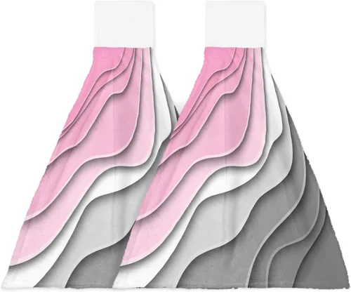 Vista 12 de Toallas de cocina con lazo para colgar, toallas de mano abstractas onduladas de color gris degradado, suaves, absorbentes, para baño, bar, hogar