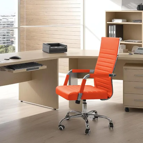 Vista 2 de KaiMeng Escritorio de oficina acanalado con respaldo medio, silla de computadora, altura ajustable, para tareas ejecutivas, giratoria, piel Naranja