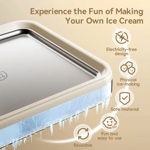 Vista 9 de Máquina para hacer helados enrollados, máquina de helado instantáneo con tapa y 2 espátulas, acero inoxidable SUS316 de grado alimenticio, bandeja