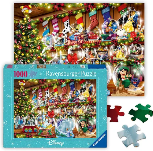 Vista 6 de Ravensburger - Disney Christmas - Rompecabezas de 1000 piezas - Deslumbrantes globos de nieve con Cenicienta, Blancanieves, Mickey Mouse y más