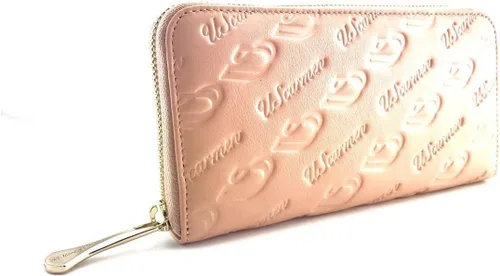 Vista 5 de Cartera RFID de piel de becerro con cremallera en relieve para mujer, rosa con logo, Cartera larga
