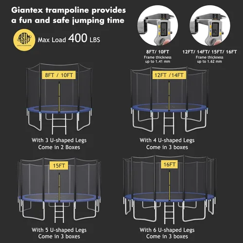Vista 3 de Giantex Trampolín de 8 pies, 10 pies, 12 pies, 14 pies, 15 pies, 16 pies, para niños y adultos, cama elástica con red aprobada por ASTM, tubos