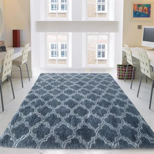 Vista 2 de CRUGZ Alfombra de lujo geométrica azul a cuadros de 5 x 7 pies, ultra suave, alfombra azul para sala de estar, alfombra azul marroquí peluda