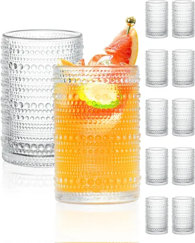 Vista 10 de Vasos altos vintage azules con reborde y pajitas, juego de 12 vasos de vidrio para cócteles, whisky, cerveza y jugo (15 onzas y 12 onzas)
