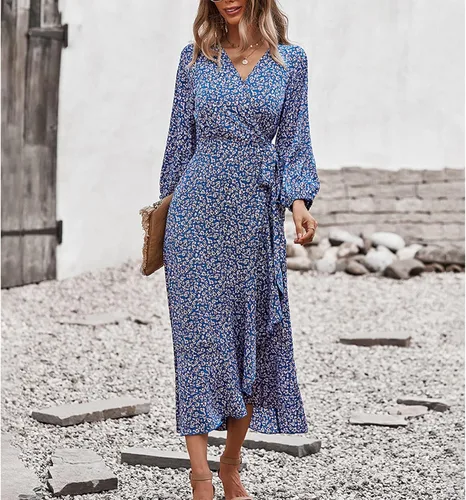 Vista 7 de GOTOTOP Women Round Neck Dress Casual Ruffle Sleeve Dress A Line ShortLong Dress for Ladies Party