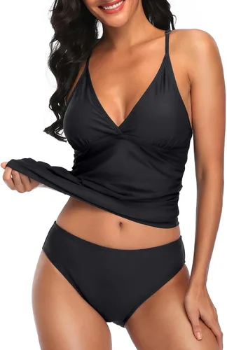 Vista 2 de Holipick Conjunto de tankini de dos piezas con control de abdomen para mujer, con cuello en V, tankini con parte inferior