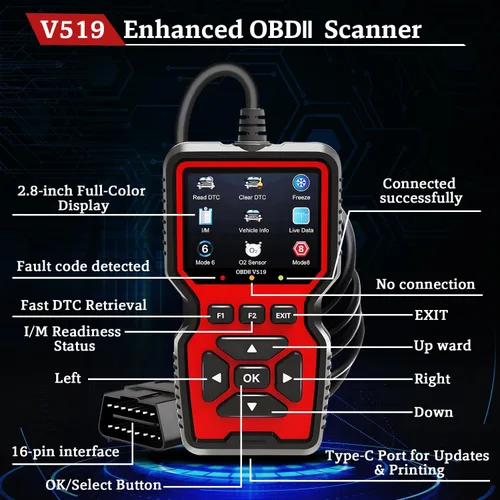 Vista 7 de Escáner profesional OBD2 V519 - Lector de código OBDII + CAN actualizado 2026, datos en vivo, prueba de batería, biblioteca de más de 40000 DTC