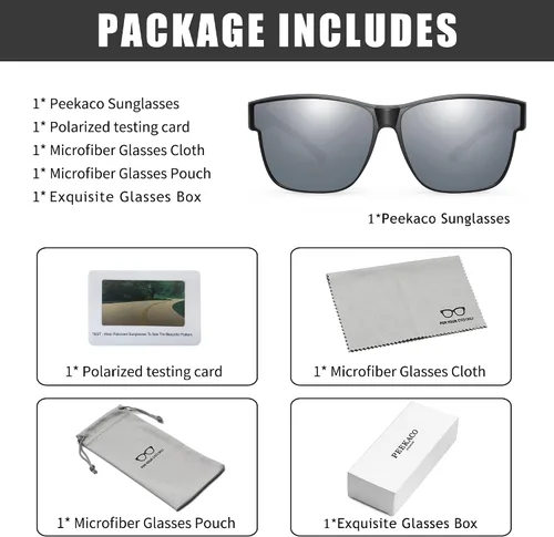 Vista 7 de Peekaco Gafas de sol que se ajustan sobre gafas para hombres y mujeres, lentes de sol polarizados cuadrados ligeros para usar sobre anteojos