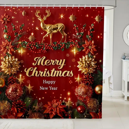 Vista 10 de Homewish Cortina de ducha de árbol de Navidad, juego de cortina de ducha de baño con diseño de copo de nieve dorado para niños y adultos, cortina