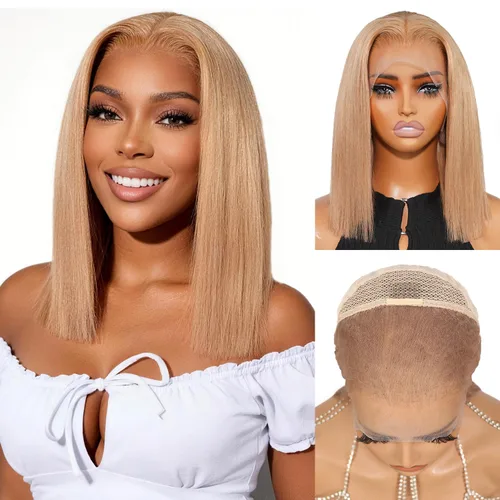 Vista 9 de Peluca de cabello humano rubio 613 con encaje frontal, peluca de cabello humano de 13 x 4 con encaje frontal, peluca Bob prearrancada con cabello