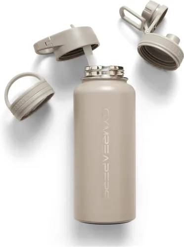 Vista 12 de Gymreapers Botella de agua aislada - Acero inoxidable 32 oz, 3 tapas (pajita, trago, cantimplora), aislamiento al vacío de doble pared, taza térmica