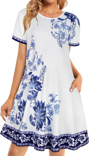 Vista 20 de Vestidos de verano para mujer, informales, holgados, estilo camiseta, florales, de manga corta, con vuelo y bolsillos, para la playa