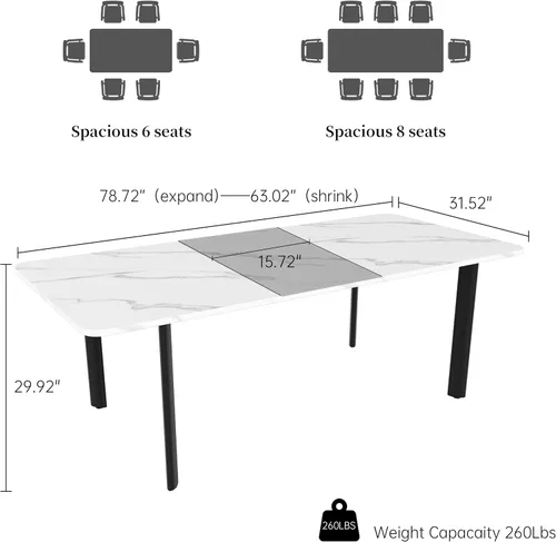 Vista 2 de HIPIHOM Mesa de comedor extensible para 6-8 personas, mesa rectangular de 63 a 78.7 pulgadas, MDF blanco con patas de metal resistentes, ahorro