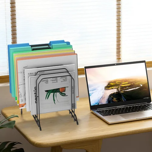 Vista 7 de Organizador de archivos de escritorio con clasificación inclinada, soporte de metal para carpetas de revistas con compartimentos verticales de 8
