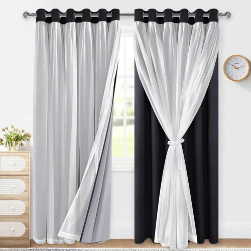 Vista 35 de XWZO Cortinas 100% opacas de doble capa para guardería, cortinas opacas con superposición transparente para dormitorio de niñas, cortinas