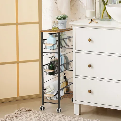 Vista 7 de Shinoske Carrito de almacenamiento delgado y rodante, carrito de cocina con ruedas de 4 niveles, carrito utilitario estrecho con cesta extraíble