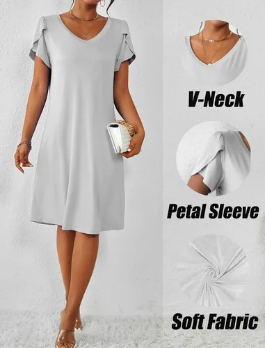 Vista 5 de Ekouaer Camisón de manga corta para mujer, cuello en V, camisón de enfermería, mangas de pétalo, vestido de camiseta S-XXL