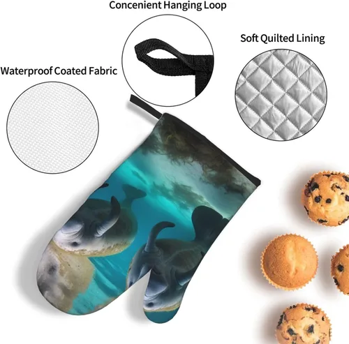 Vista 3 de West Indian Manatees - Guantes de horno resistentes al calor, 2 unidades y soportes para ollas, 1 unidad, guantes de cocina para hornear, juego de 3