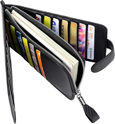 Vista 5 de Huztencor cartera de cuero con bolsillo para tarjeta de crédito bloqueo RFID billetera funda para tarjetas para mujer